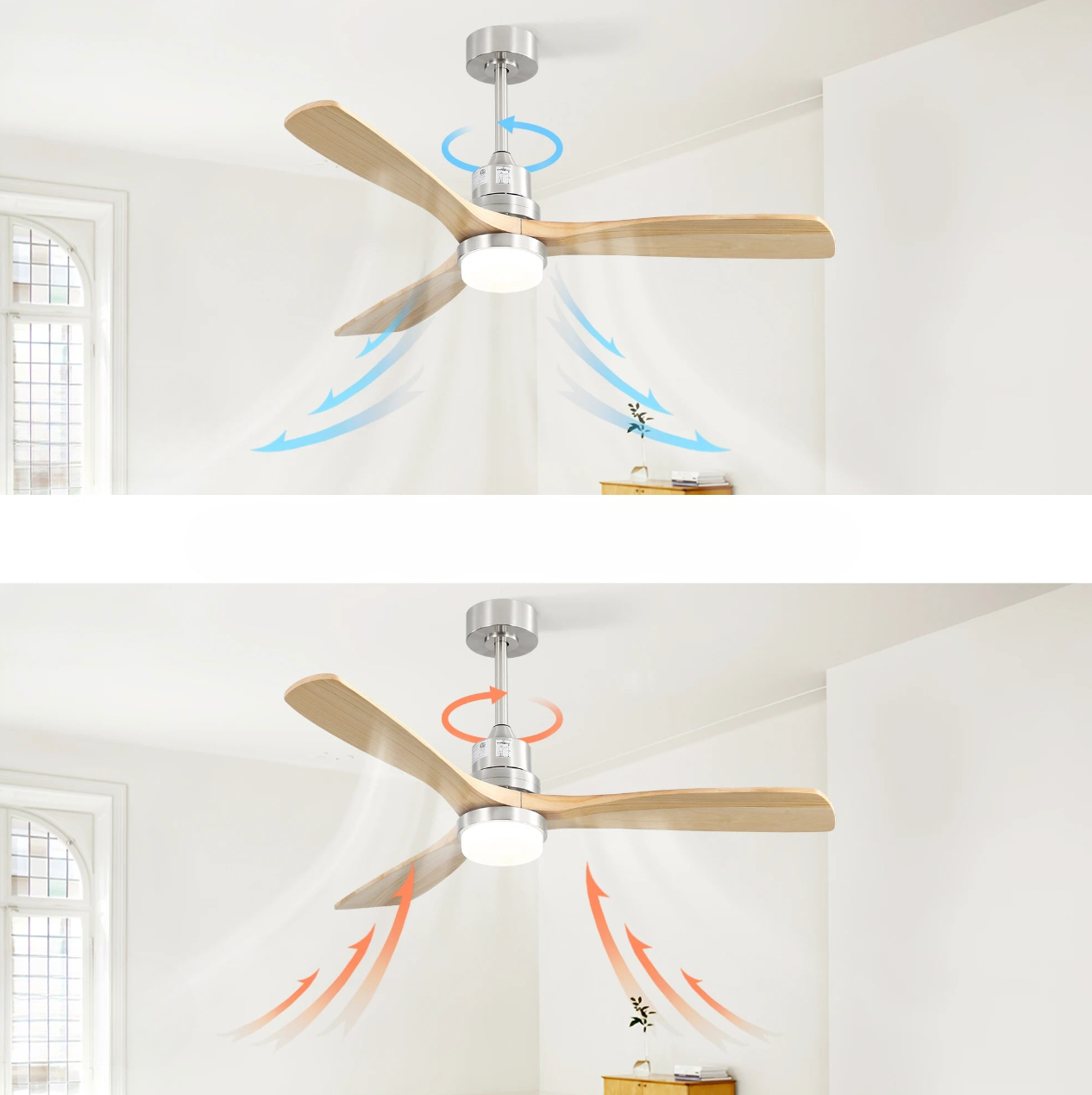 Ventilateur de Plafond Clairis Bois Naturel 132 cm – Silencieux, LED 3 Couleurs, Télécommande