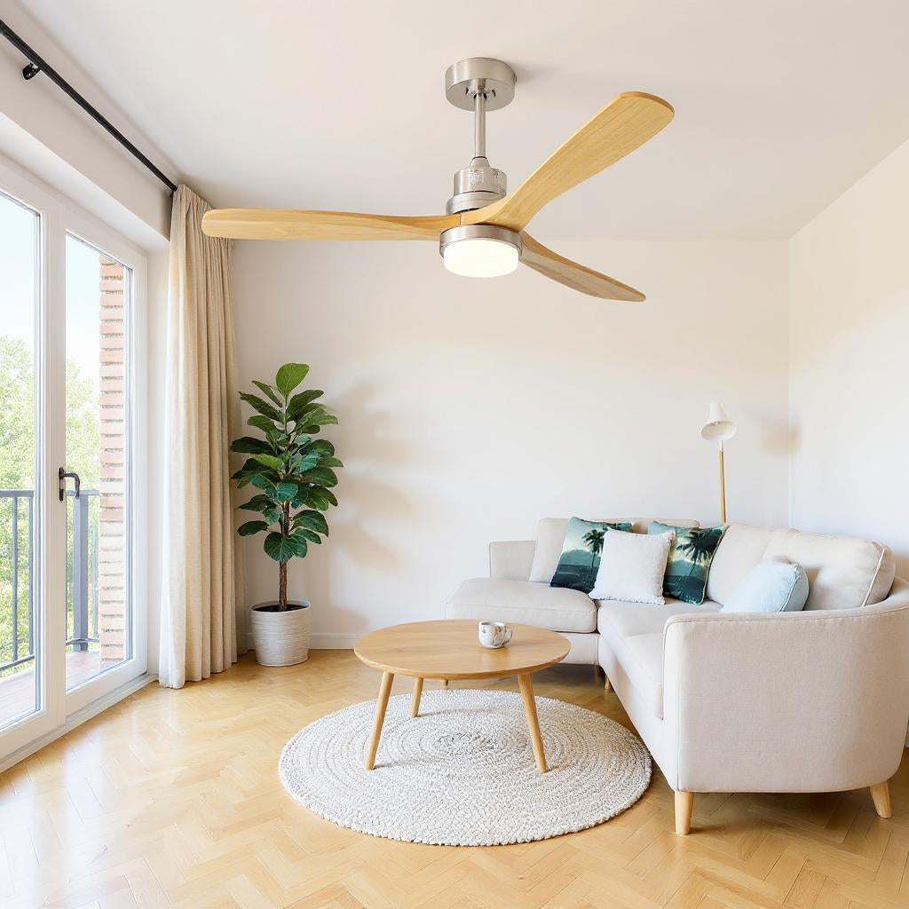 Ventilateur de Plafond Clairis Bois Naturel 132 cm – Silencieux, LED 3 Couleurs, Télécommande