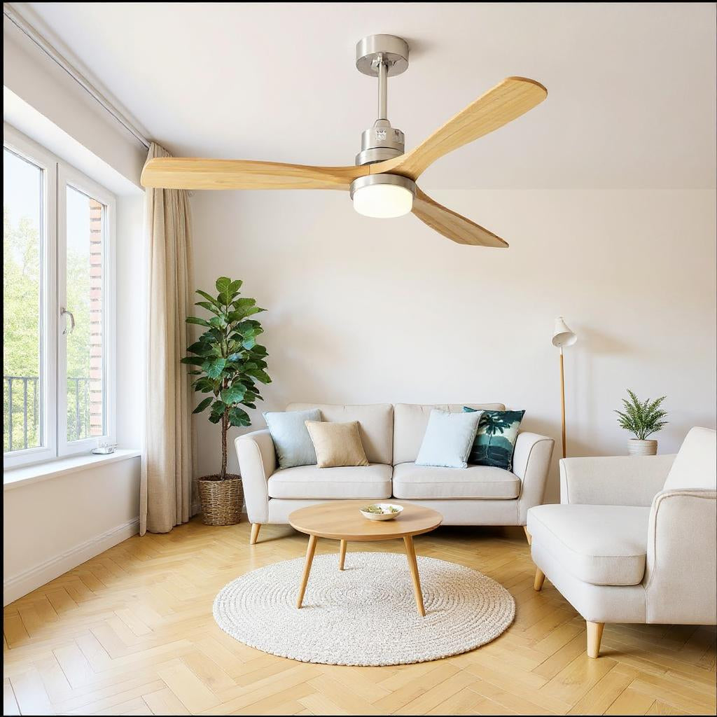 Ventilateur de Plafond Clairis Bois Naturel 132 cm – Silencieux, LED 3 Couleurs, Télécommande